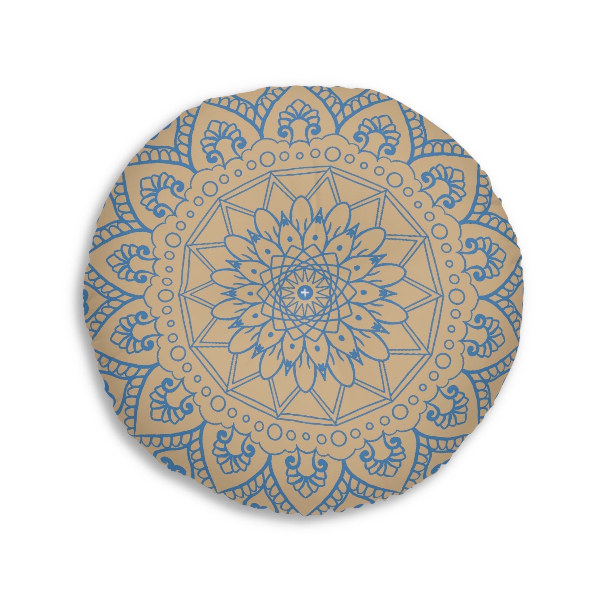 Floor Cushion Handmade Mandala Art - Steel Blue on Tan background - Drawn by Hand - Tufted Floor Pillow, Round - Blululi