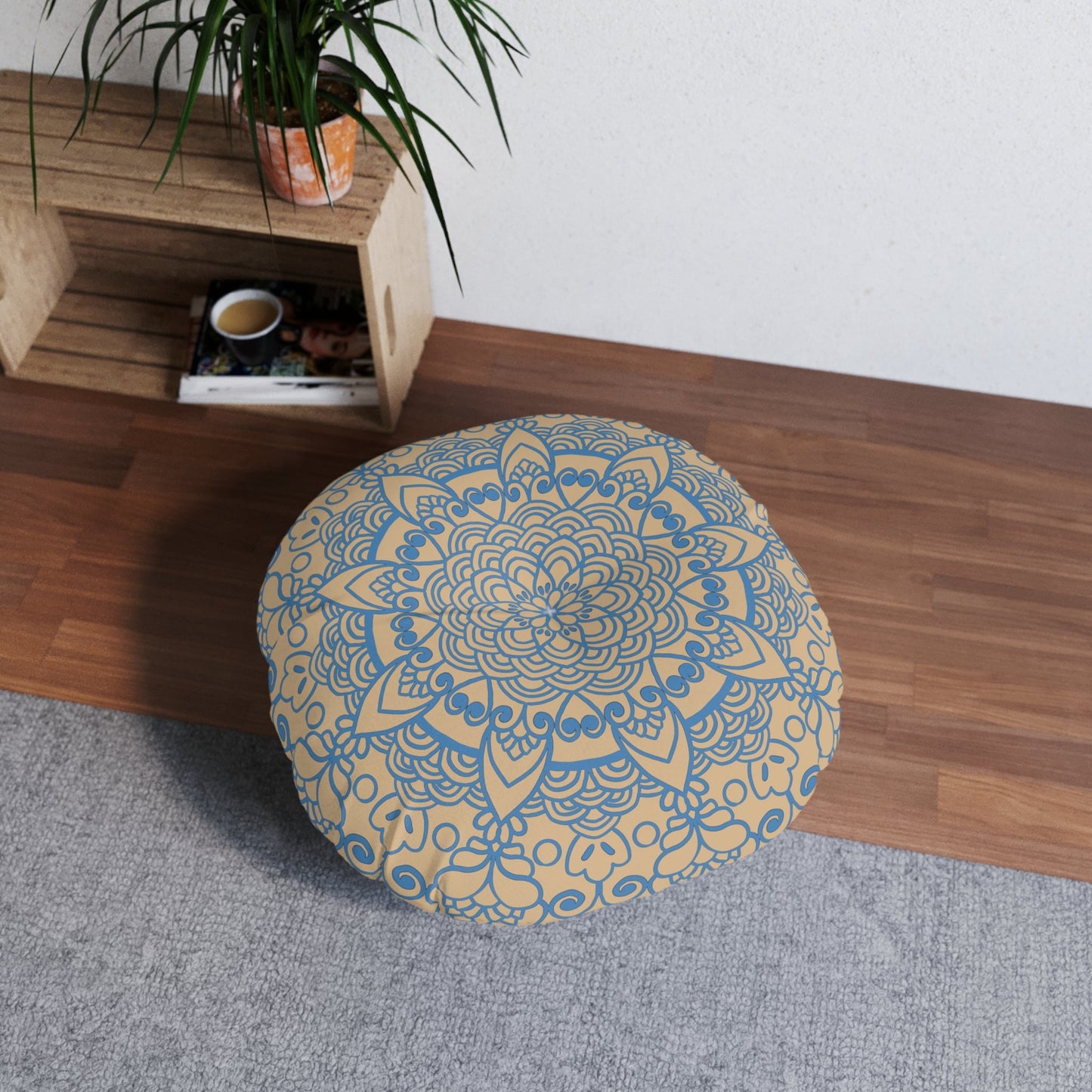 Floor Cushion Handmade Mandala Art - Steel Blue on Tan background - Drawn by Hand - Tufted Floor Pillow, Round - Blululi