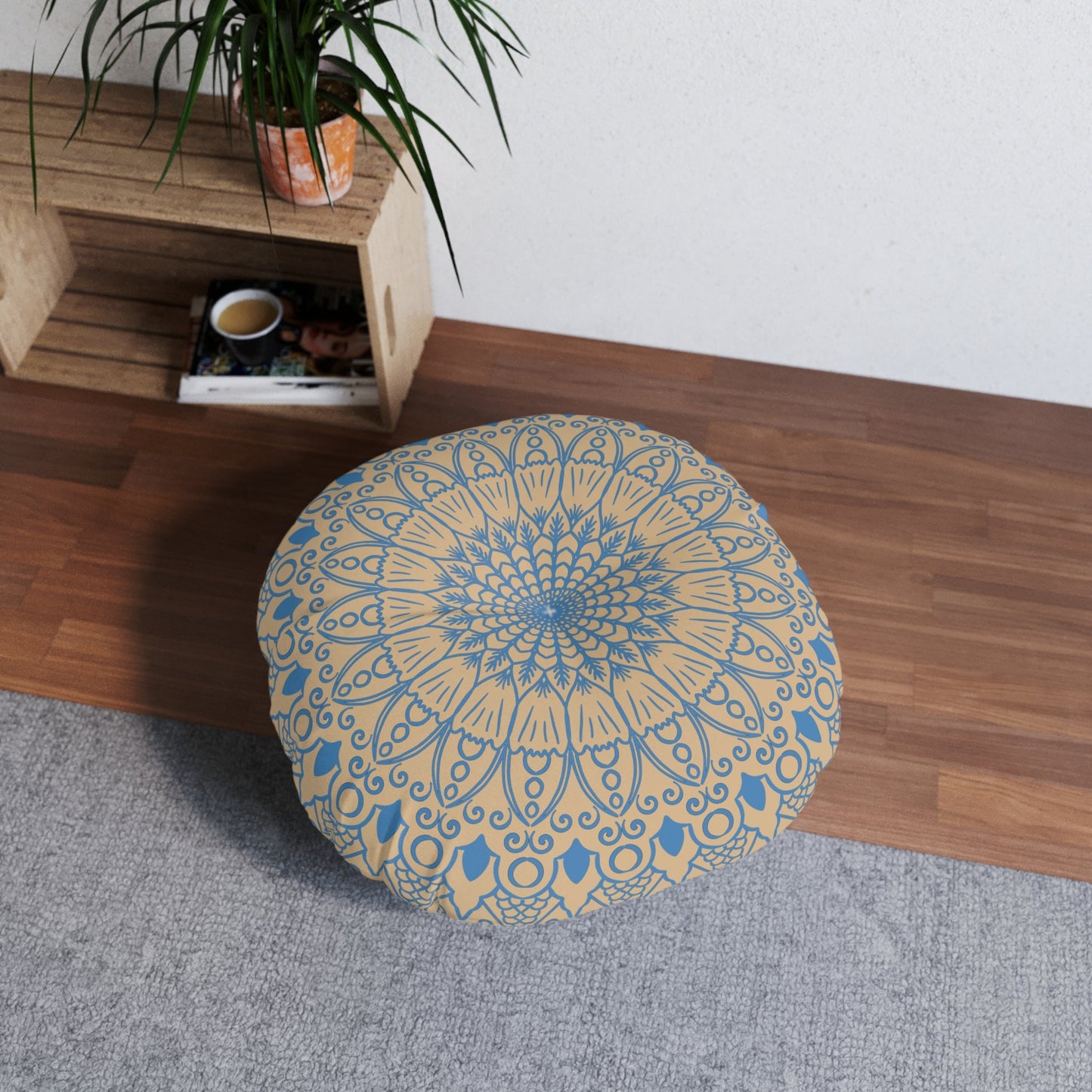 Floor Cushion Handmade Mandala Art - Steel Blue on Tan background - Drawn by Hand - Tufted Floor Pillow, Round - Blululi