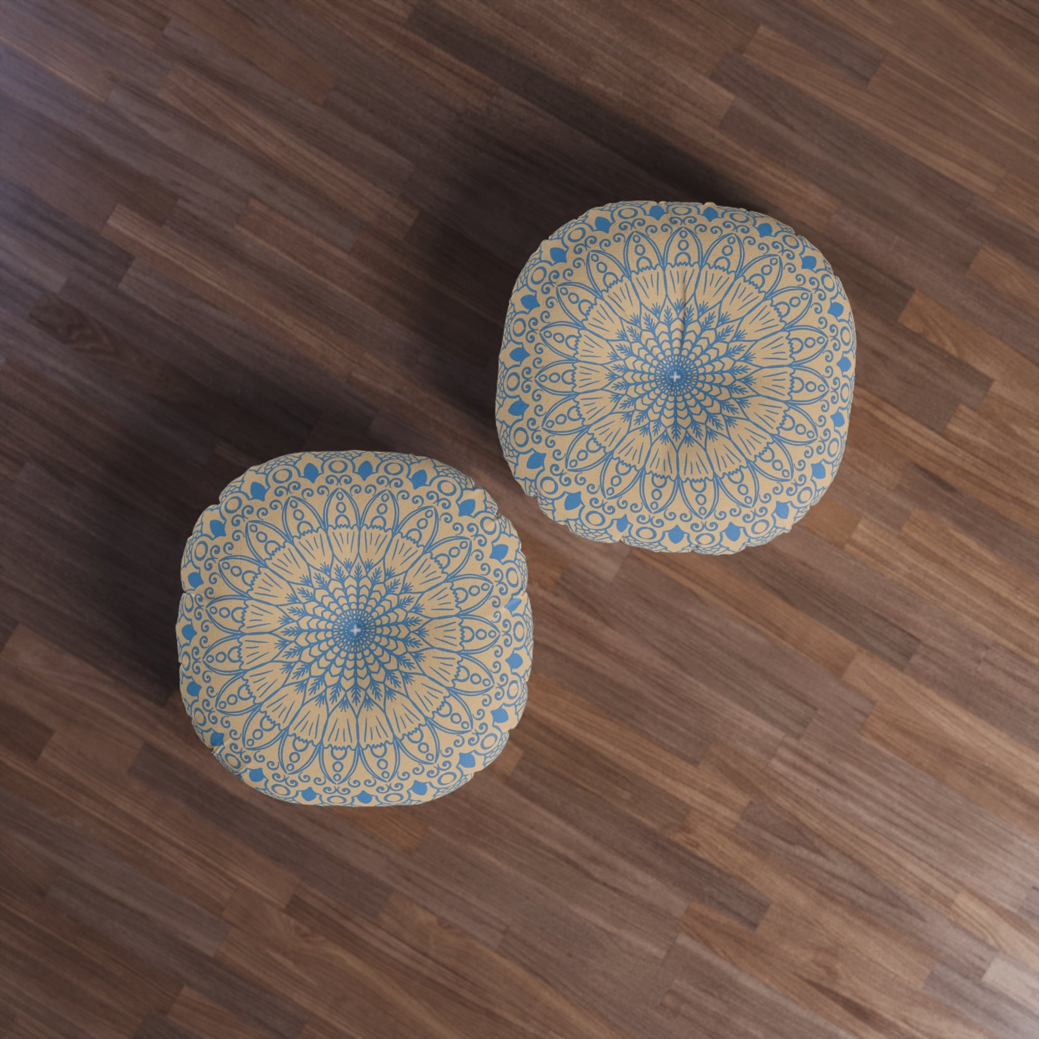 Floor Cushion Handmade Mandala Art - Steel Blue on Tan background - Drawn by Hand - Tufted Floor Pillow, Round - Blululi