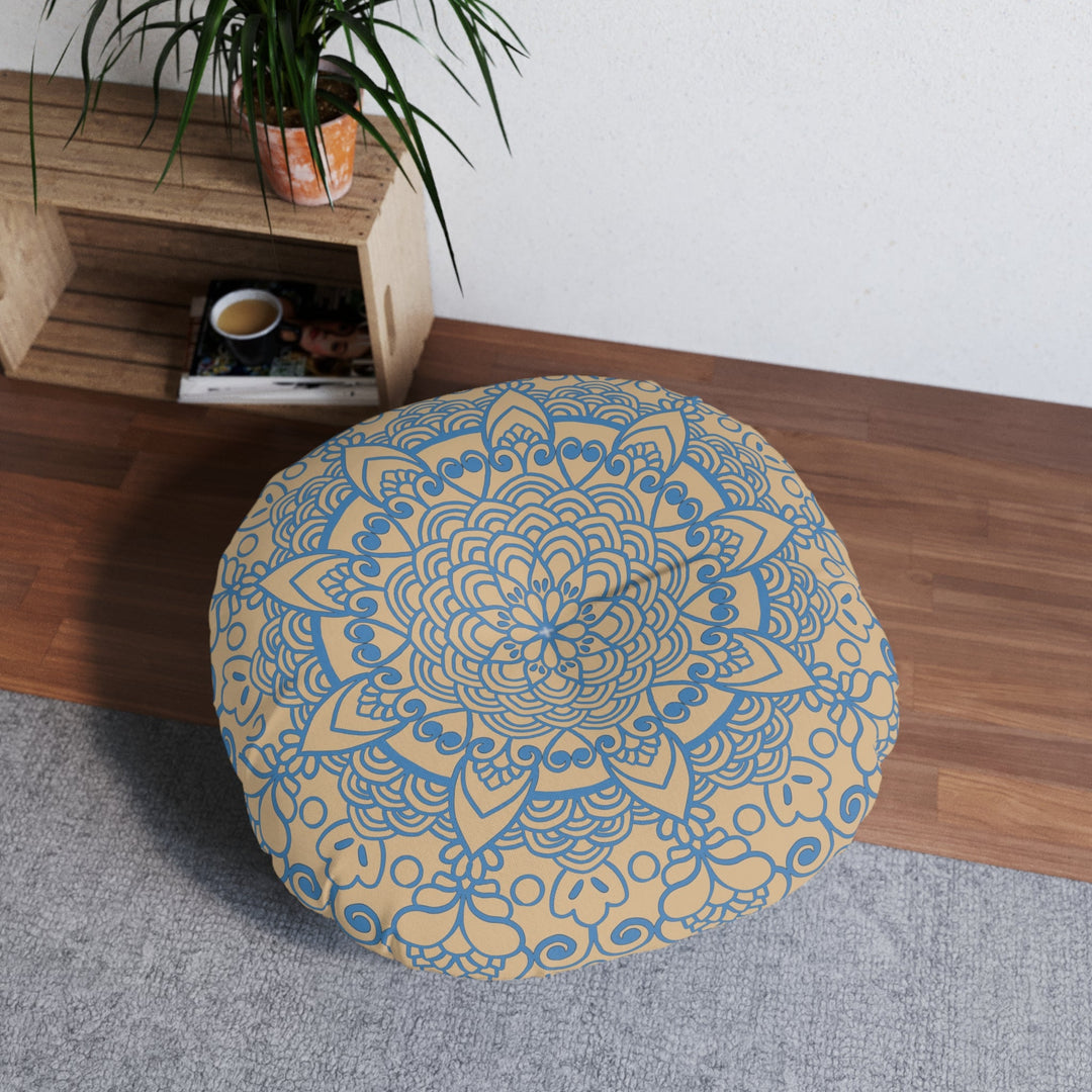 Floor Cushion Handmade Mandala Art - Steel Blue on Tan background - Drawn by Hand - Tufted Floor Pillow, Round - Blululi