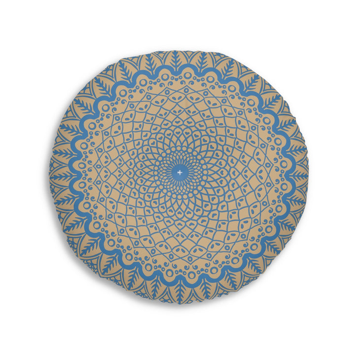 Floor Cushion Handmade Mandala Art - Steel Blue on Tan background - Drawn by Hand - Tufted Floor Pillow, Round - Blululi