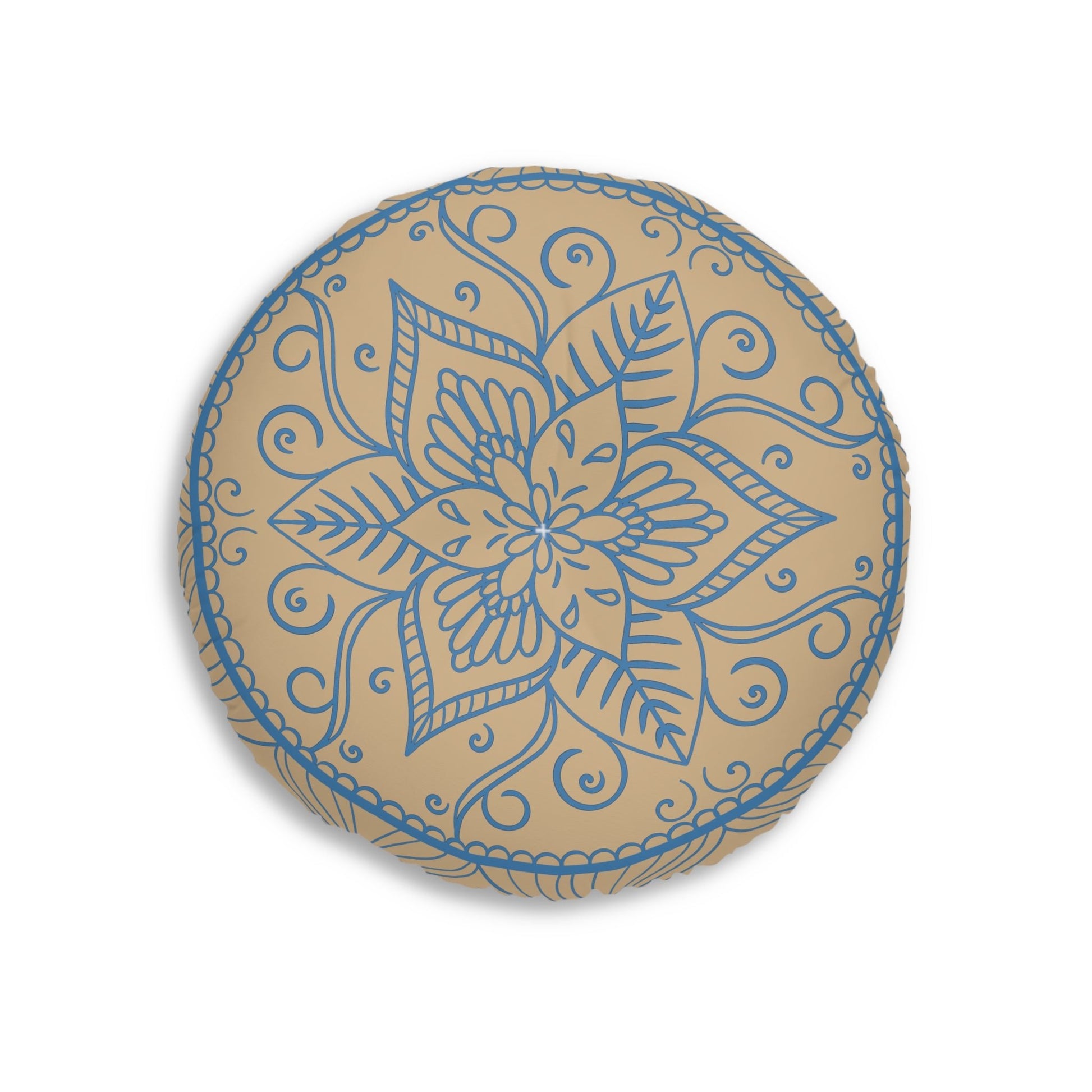 Floor Cushion Handmade Mandala Art - Steel Blue on Tan background - Drawn by Hand - Tufted Floor Pillow, Round - Blululi