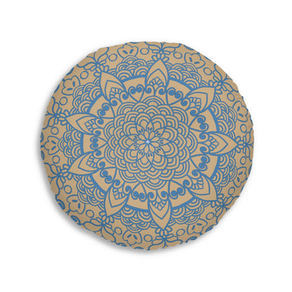 Floor Cushion Handmade Mandala Art - Steel Blue on Tan background - Drawn by Hand - Tufted Floor Pillow, Round - Blululi