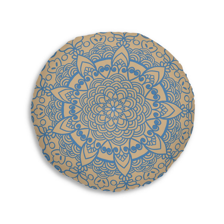 Floor Cushion Handmade Mandala Art - Steel Blue on Tan background - Drawn by Hand - Tufted Floor Pillow, Round - Blululi