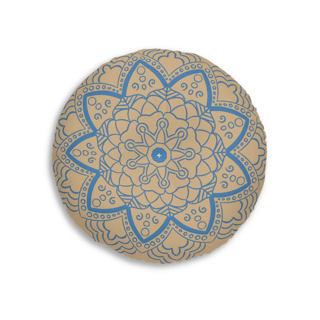 Floor Cushion Handmade Mandala Art - Steel Blue on Tan background - Drawn by Hand - Tufted Floor Pillow, Round - Blululi