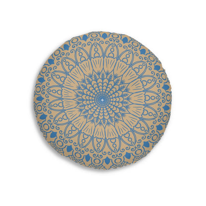 Floor Cushion Handmade Mandala Art - Steel Blue on Tan background - Drawn by Hand - Tufted Floor Pillow, Round - Blululi