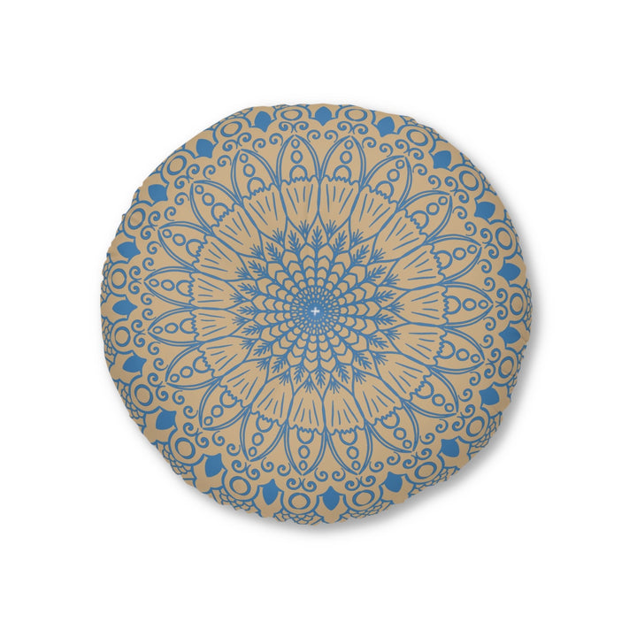 Floor Cushion Handmade Mandala Art - Steel Blue on Tan background - Drawn by Hand - Tufted Floor Pillow, Round - Blululi