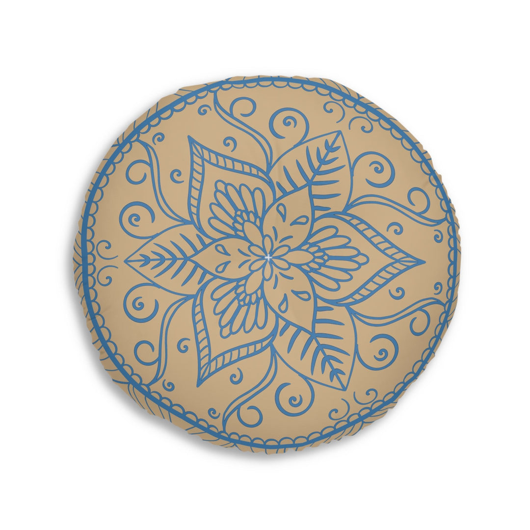 Floor Cushion Handmade Mandala Art - Steel Blue on Tan background - Drawn by Hand - Tufted Floor Pillow, Round - Blululi