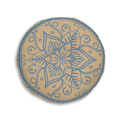 Floor Cushion Handmade Mandala Art - Steel Blue on Tan background - Drawn by Hand - Tufted Floor Pillow, Round - Blululi