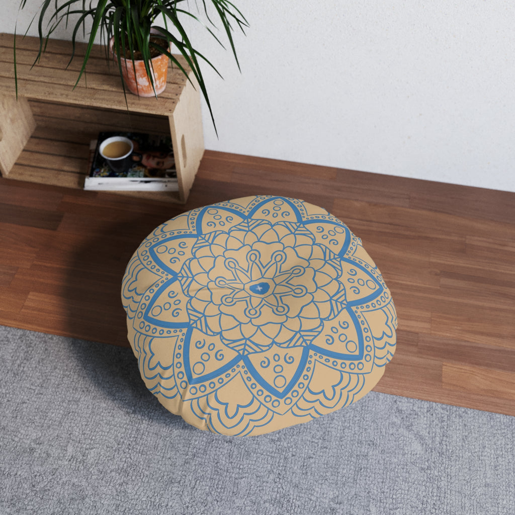 Floor Cushion Handmade Mandala Art - Steel Blue on Tan background - Drawn by Hand - Tufted Floor Pillow, Round - Blululi