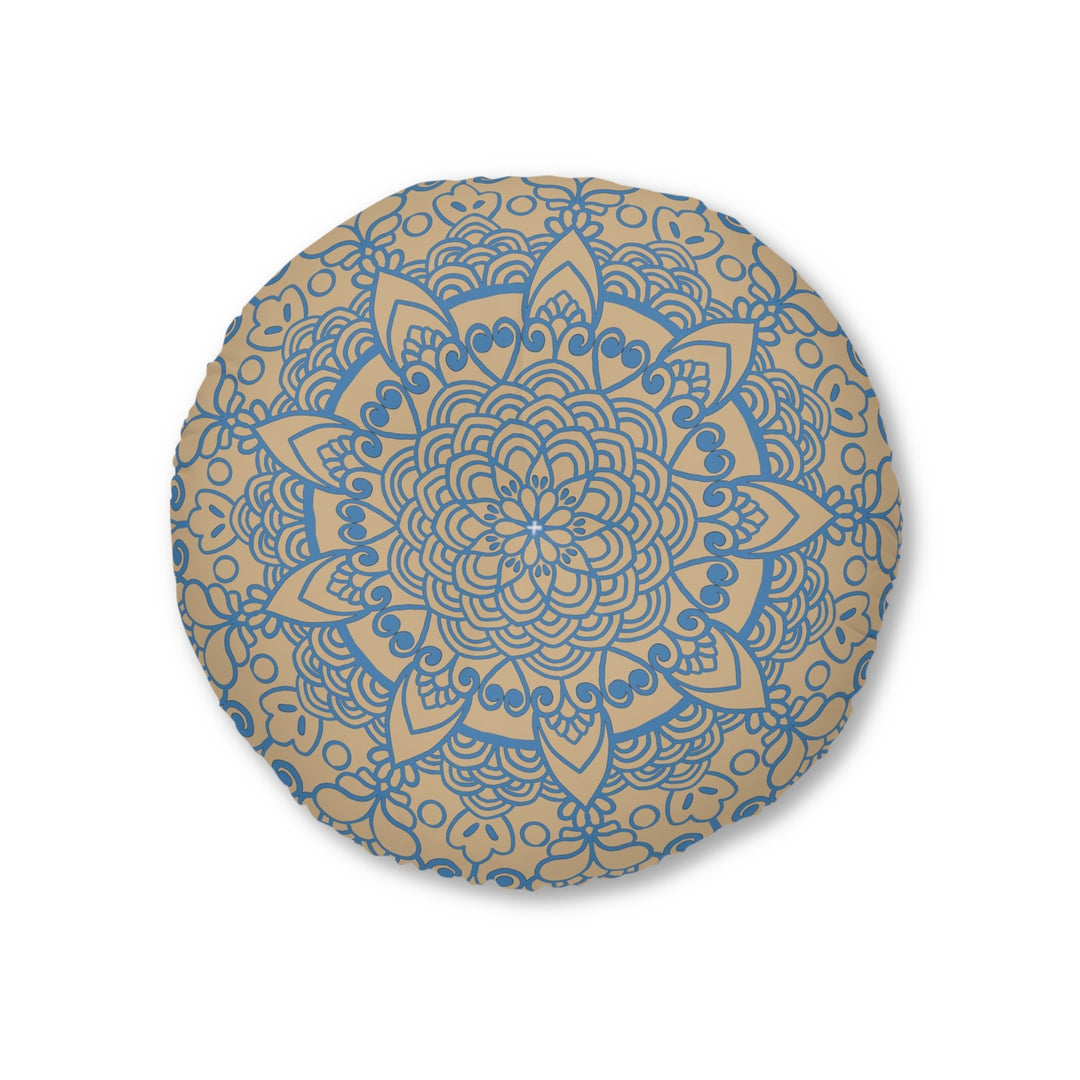 Floor Cushion Handmade Mandala Art - Steel Blue on Tan background - Drawn by Hand - Tufted Floor Pillow, Round - Blululi