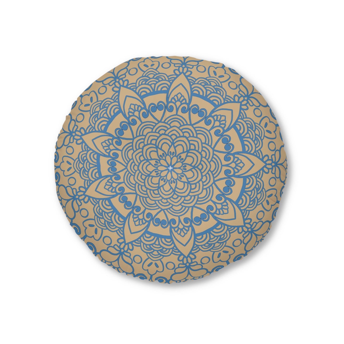 Floor Cushion Handmade Mandala Art - Steel Blue on Tan background - Drawn by Hand - Tufted Floor Pillow, Round - Blululi