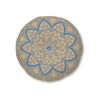 Floor Cushion Handmade Mandala Art - Steel Blue on Tan background - Drawn by Hand - Tufted Floor Pillow, Round - Blululi