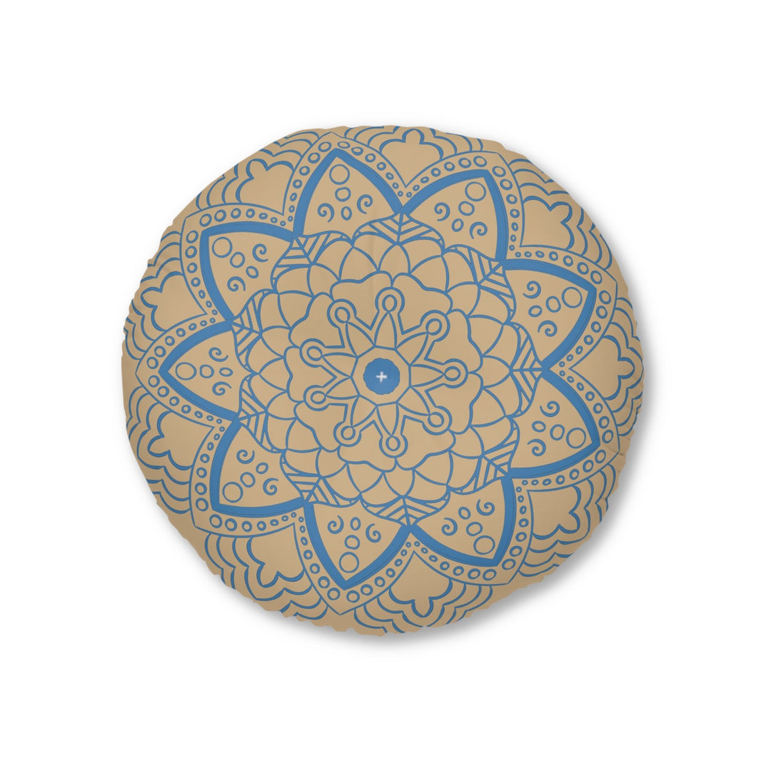 Floor Cushion Handmade Mandala Art - Steel Blue on Tan background - Drawn by Hand - Tufted Floor Pillow, Round - Blululi