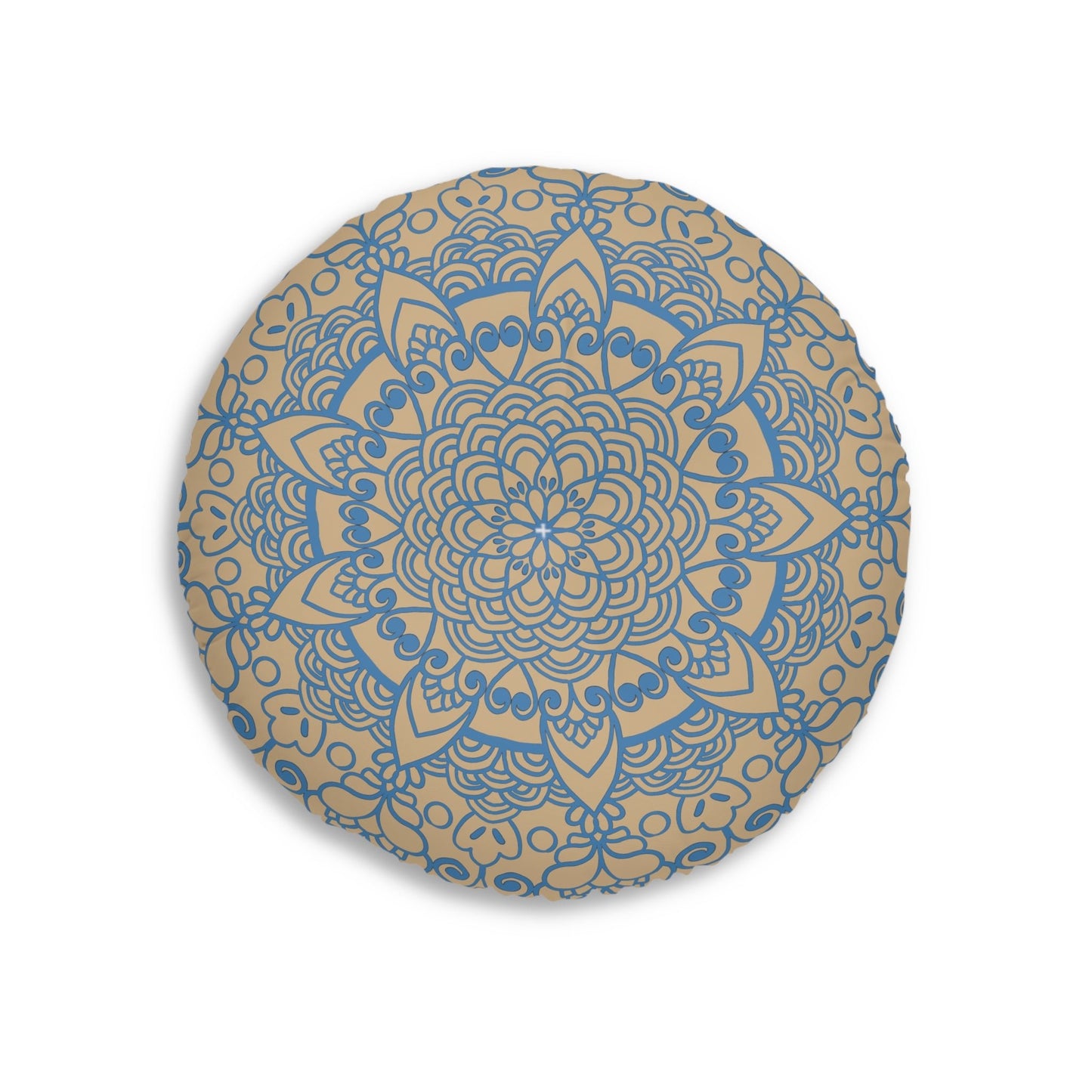 Floor Cushion Handmade Mandala Art - Steel Blue on Tan background - Drawn by Hand - Tufted Floor Pillow, Round - Blululi