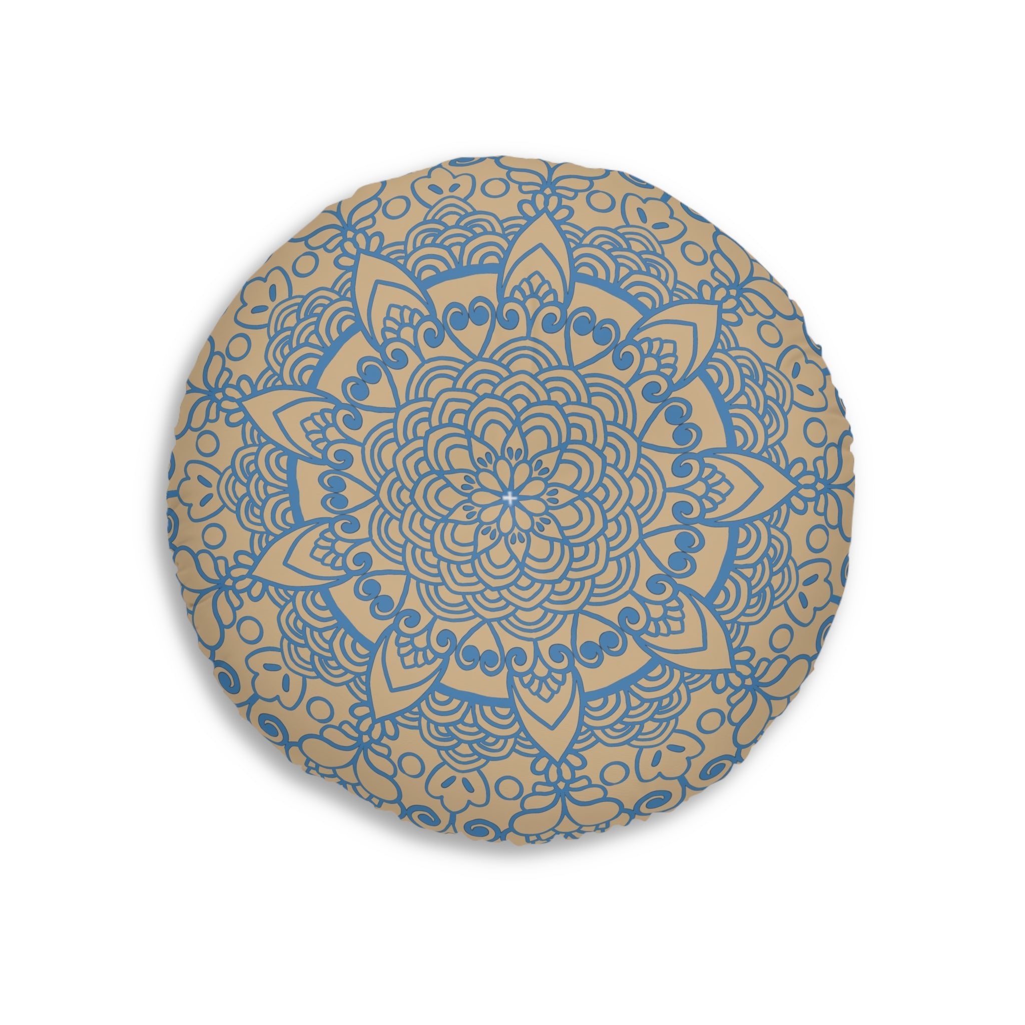 Floor Cushion Handmade Mandala Art - Steel Blue on Tan background - Drawn by Hand - Tufted Floor Pillow, Round - Blululi