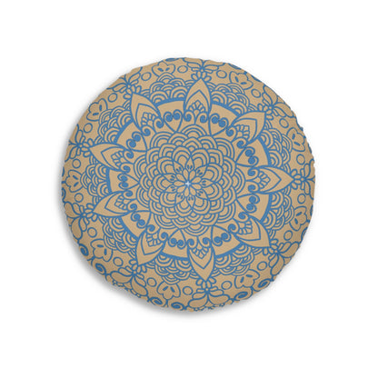 Floor Cushion Handmade Mandala Art - Steel Blue on Tan background - Drawn by Hand - Tufted Floor Pillow, Round - Blululi