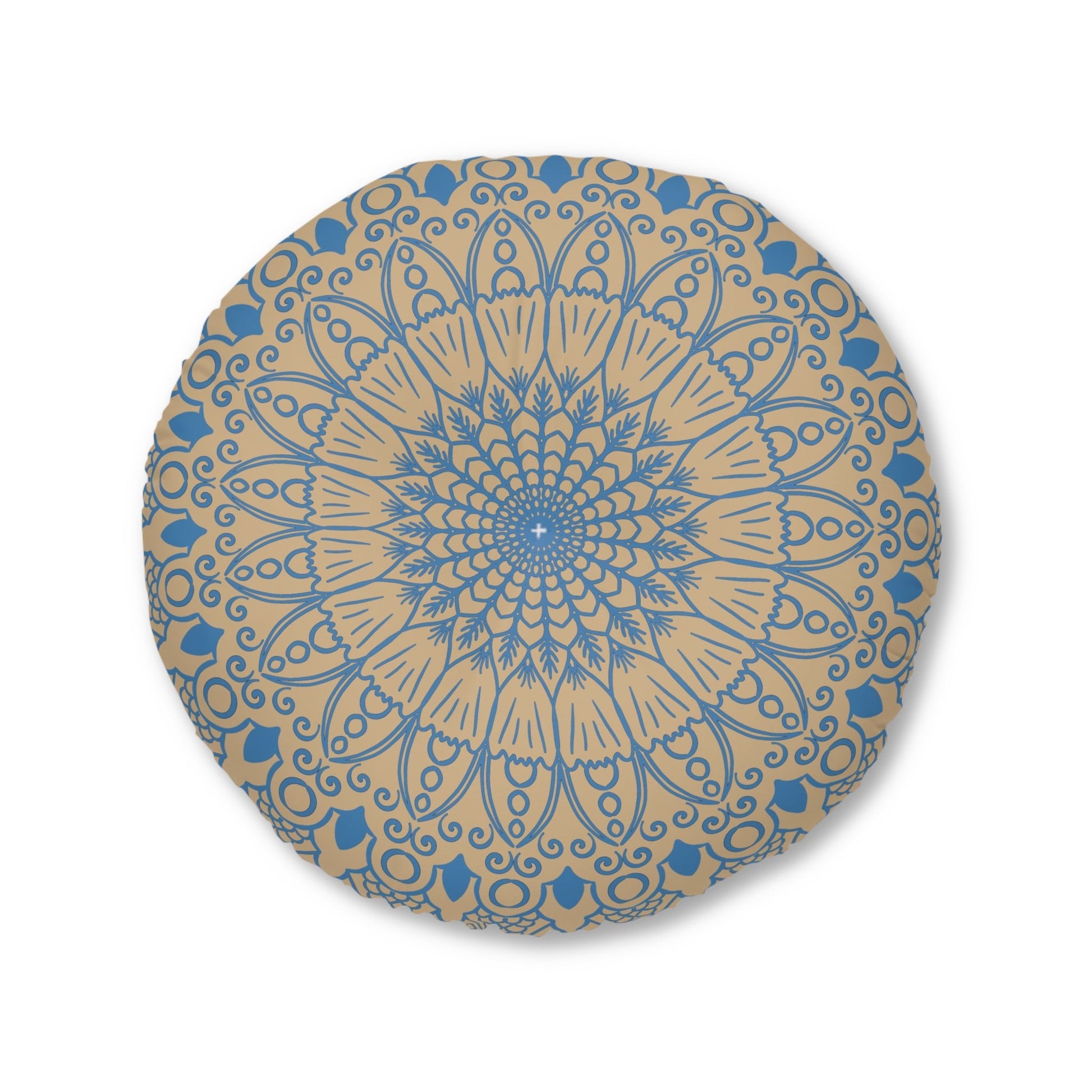 Floor Cushion Handmade Mandala Art - Steel Blue on Tan background - Drawn by Hand - Tufted Floor Pillow, Round - Blululi