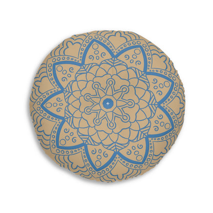 Floor Cushion Handmade Mandala Art - Steel Blue on Tan background - Drawn by Hand - Tufted Floor Pillow, Round - Blululi