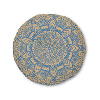 Floor Cushion Handmade Mandala Art - Steel Blue on Tan background - Drawn by Hand - Tufted Floor Pillow, Round - Blululi
