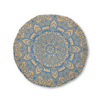 Floor Cushion Handmade Mandala Art - Steel Blue on Tan background - Drawn by Hand - Tufted Floor Pillow, Round - Blululi