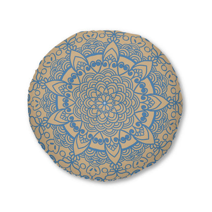 Floor Cushion Handmade Mandala Art - Steel Blue on Tan background - Drawn by Hand - Tufted Floor Pillow, Round - Blululi