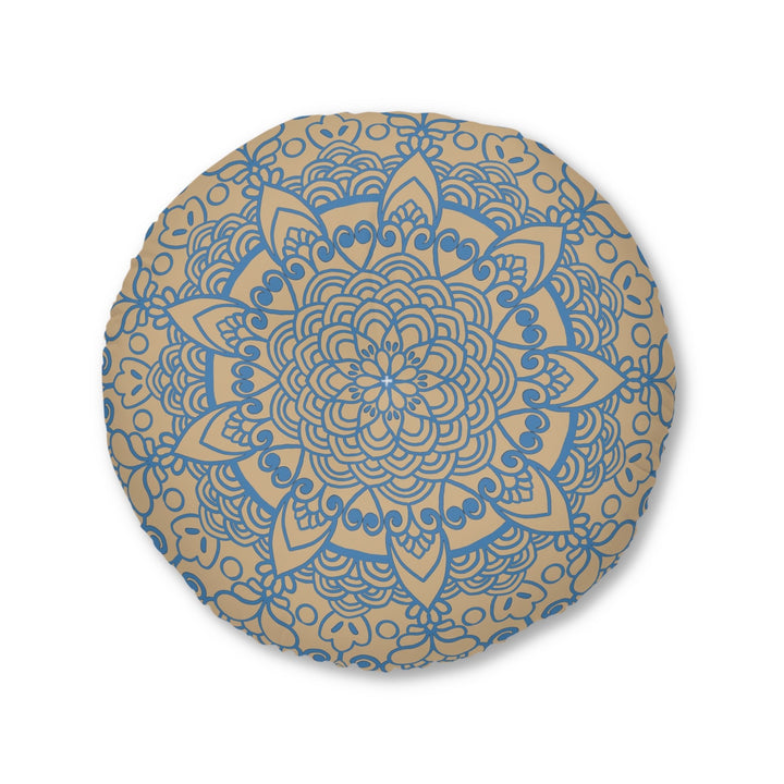 Floor Cushion Handmade Mandala Art - Steel Blue on Tan background - Drawn by Hand - Tufted Floor Pillow, Round - Blululi