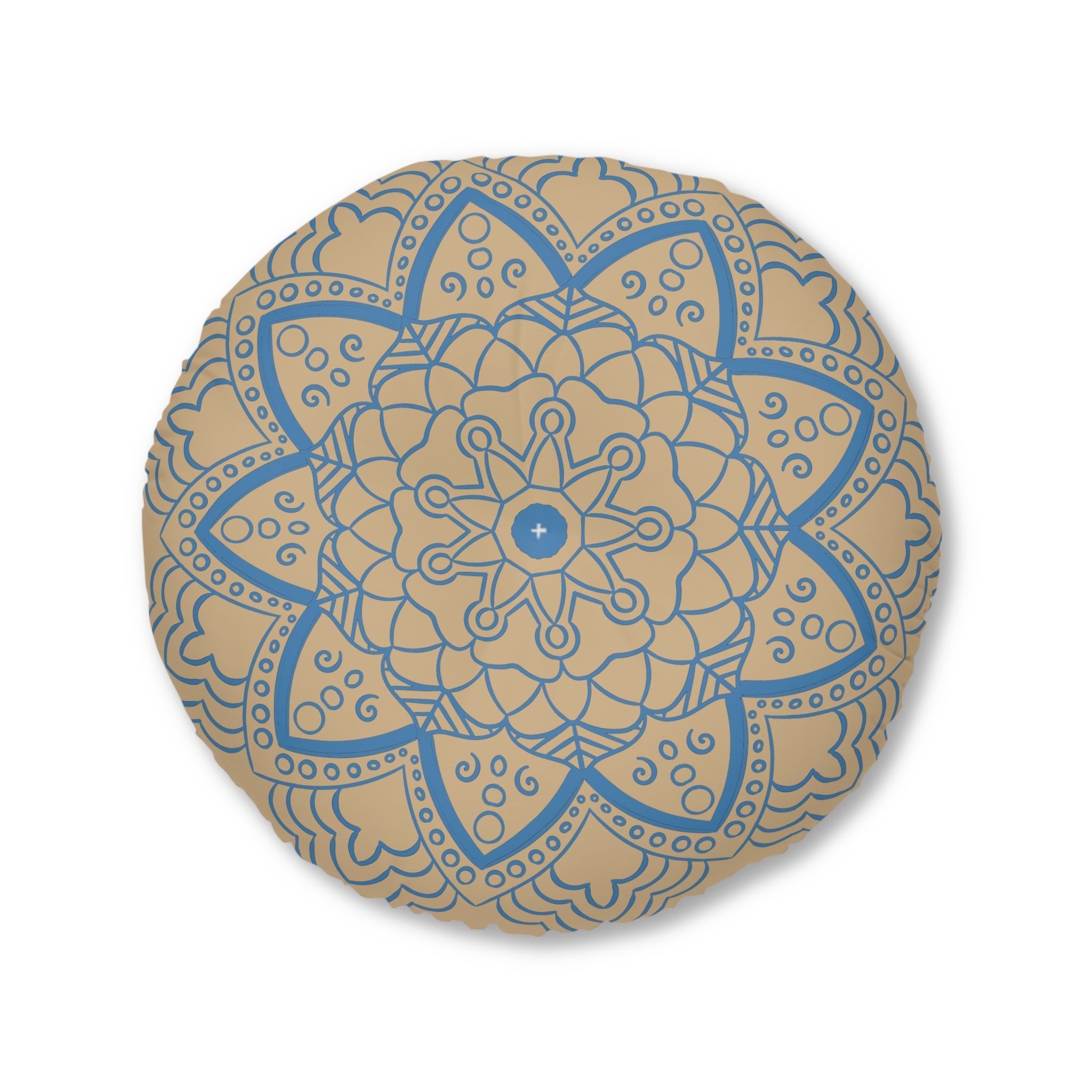 Floor Cushion Handmade Mandala Art - Steel Blue on Tan background - Drawn by Hand - Tufted Floor Pillow, Round - Blululi