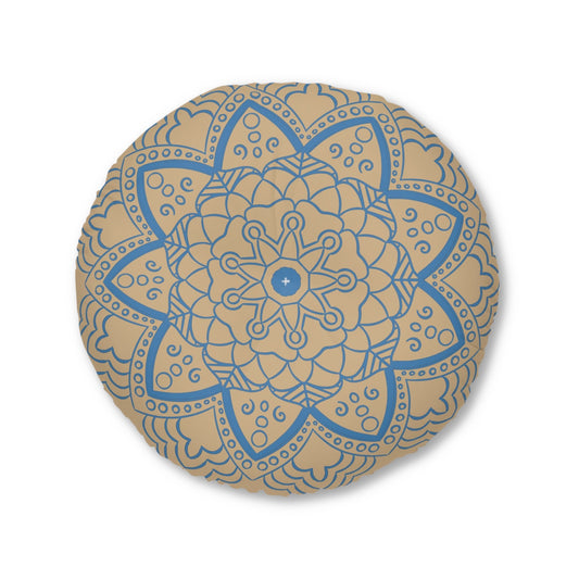 Floor Cushion Handmade Mandala Art - Steel Blue on Tan background - Drawn by Hand - Tufted Floor Pillow, Round - Blululi