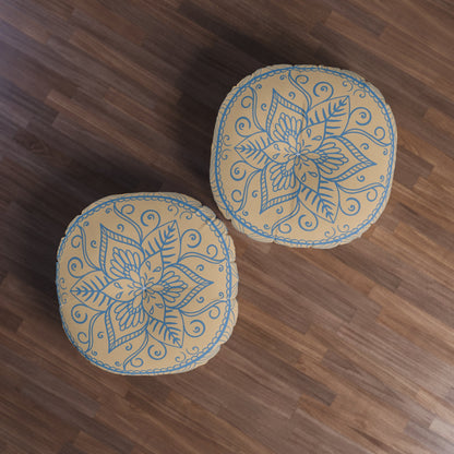 Floor Cushion Handmade Mandala Art - Steel Blue on Tan background - Drawn by Hand - Tufted Floor Pillow, Round - Blululi