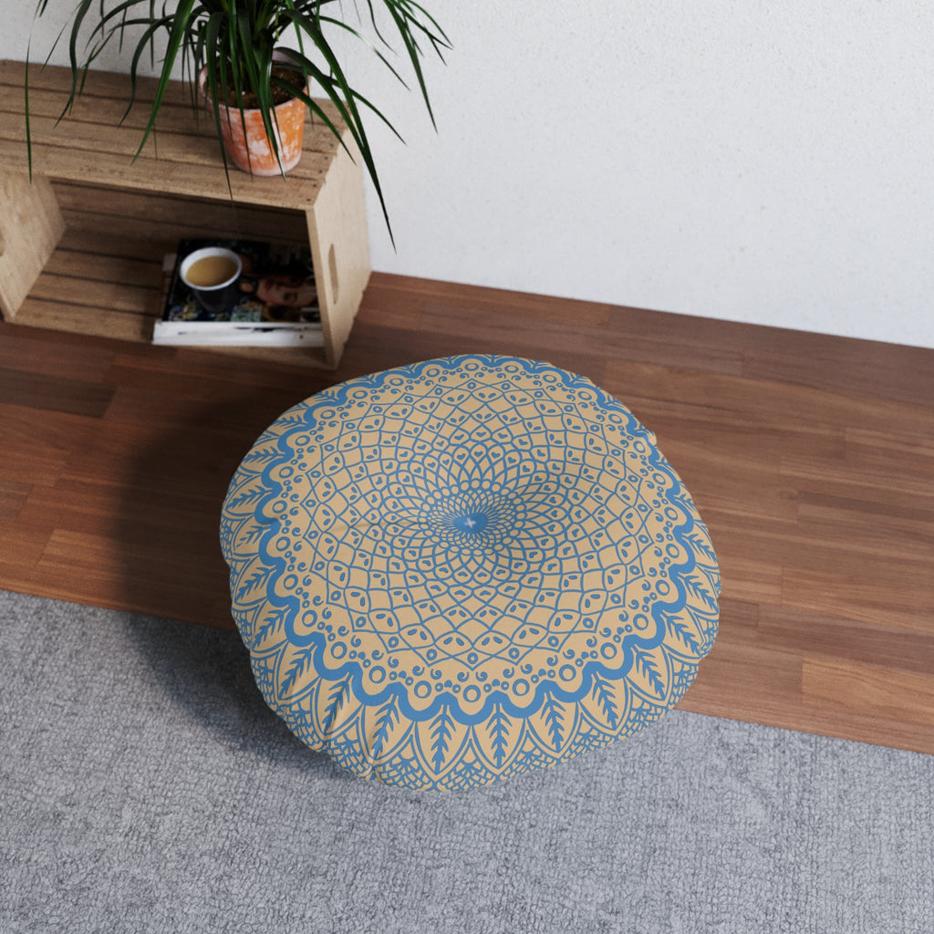 Floor Cushion Handmade Mandala Art - Steel Blue on Tan background - Drawn by Hand - Tufted Floor Pillow, Round - Blululi