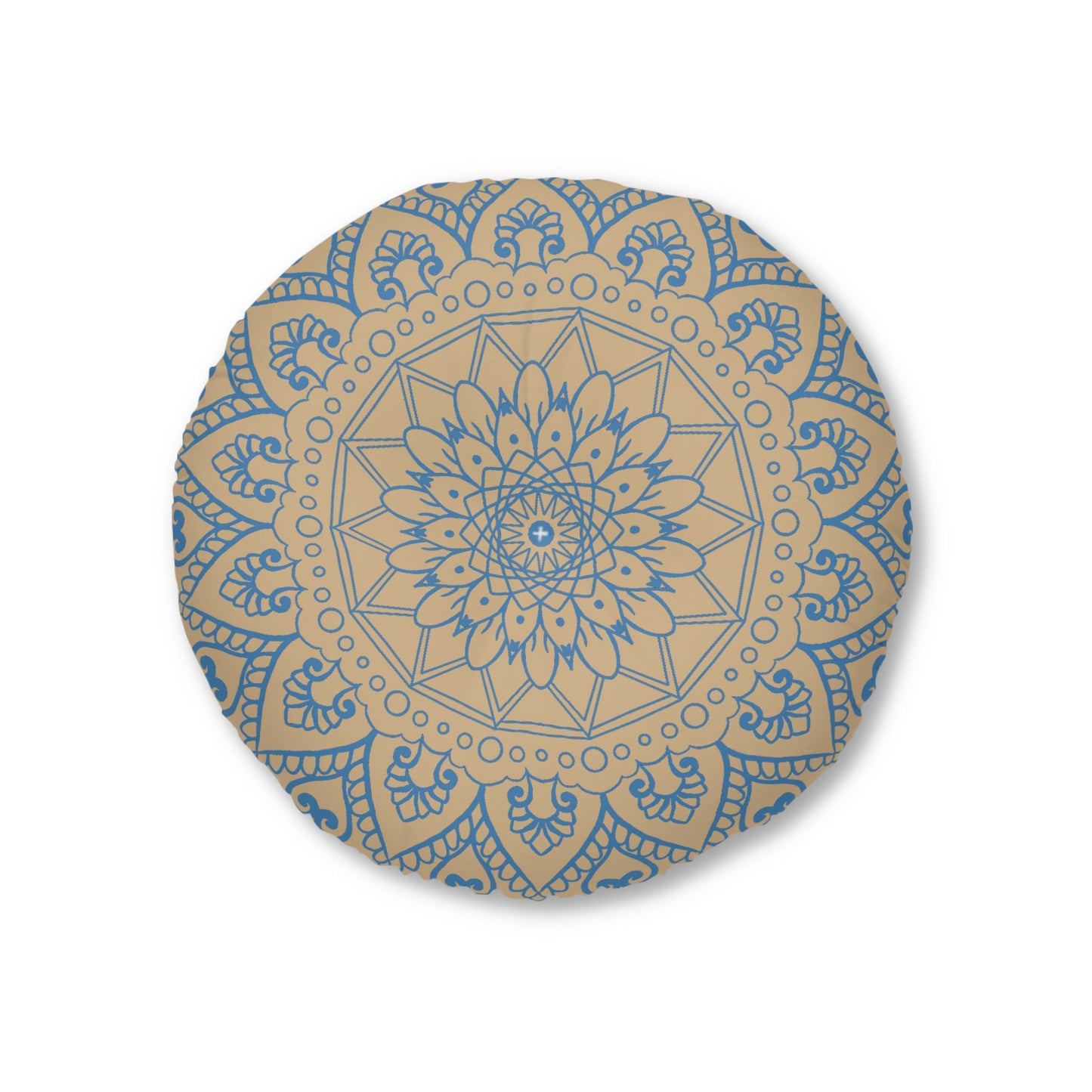 Floor Cushion Handmade Mandala Art - Steel Blue on Tan background - Drawn by Hand - Tufted Floor Pillow, Round - Blululi