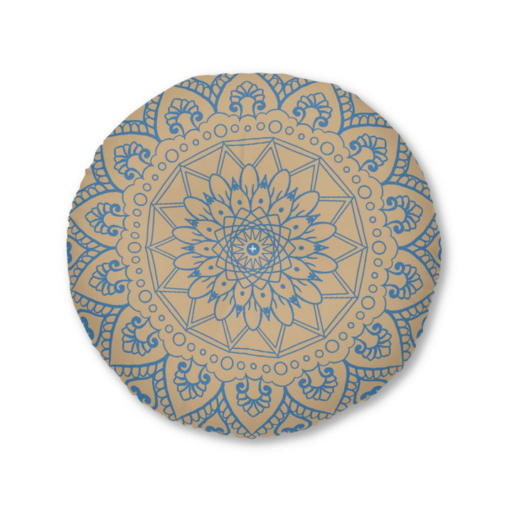 Floor Cushion Handmade Mandala Art - Steel Blue on Tan background - Drawn by Hand - Tufted Floor Pillow, Round - Blululi