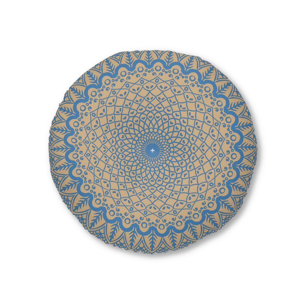 Floor Cushion Handmade Mandala Art - Steel Blue on Tan background - Drawn by Hand - Tufted Floor Pillow, Round - Blululi