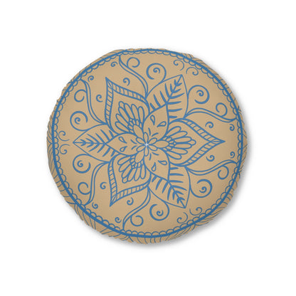 Floor Cushion Handmade Mandala Art - Steel Blue on Tan background - Drawn by Hand - Tufted Floor Pillow, Round - Blululi