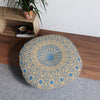 Floor Cushion Handmade Mandala Art - Steel Blue on Tan background - Drawn by Hand - Tufted Floor Pillow, Round - Blululi