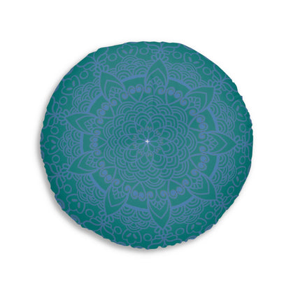 Floor Cushion Handmade Mandala Art - Steel Blue on Teal background - Drawn by Hand - Tufted Floor Pillow, Round - Blululi