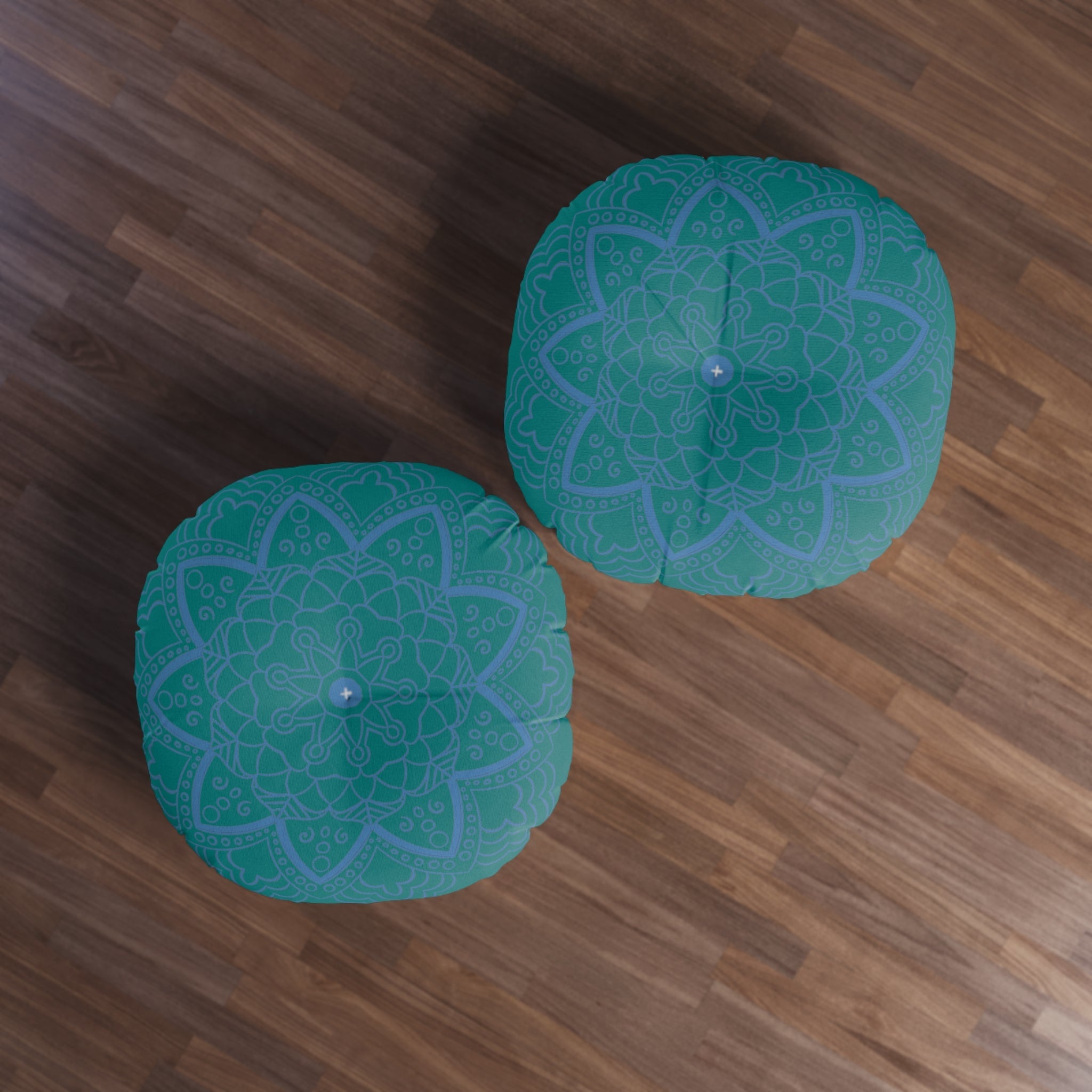 Floor Cushion Handmade Mandala Art - Steel Blue on Teal background - Drawn by Hand - Tufted Floor Pillow, Round - Blululi