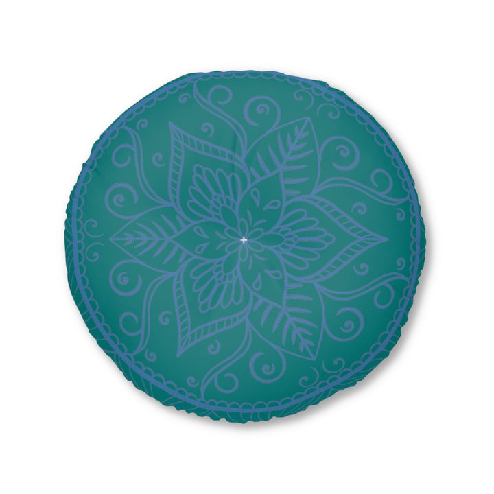 Floor Cushion Handmade Mandala Art - Steel Blue on Teal background - Drawn by Hand - Tufted Floor Pillow, Round - Blululi