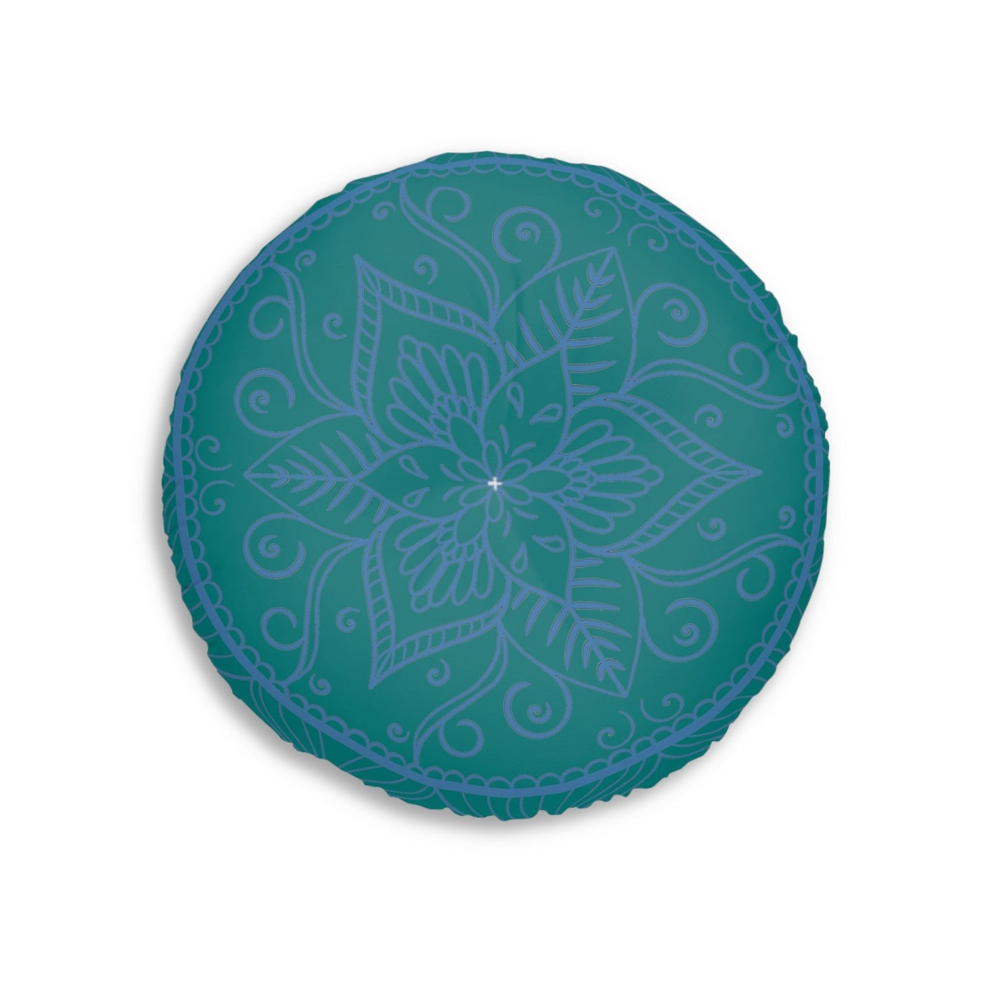 Floor Cushion Handmade Mandala Art - Steel Blue on Teal background - Drawn by Hand - Tufted Floor Pillow, Round - Blululi