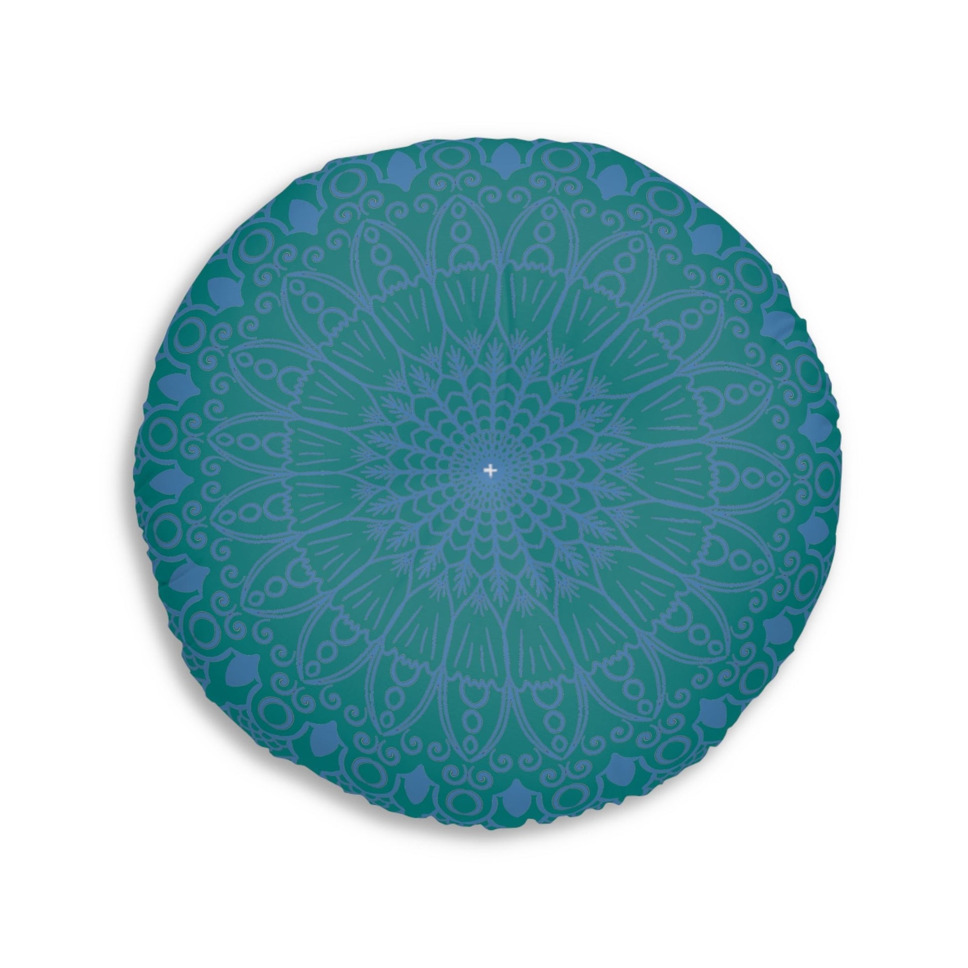 Floor Cushion Handmade Mandala Art - Steel Blue on Teal background - Drawn by Hand - Tufted Floor Pillow, Round - Blululi