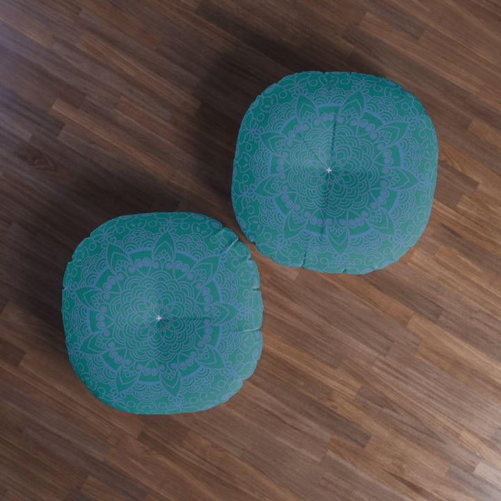 Floor Cushion Handmade Mandala Art - Steel Blue on Teal background - Drawn by Hand - Tufted Floor Pillow, Round - Blululi