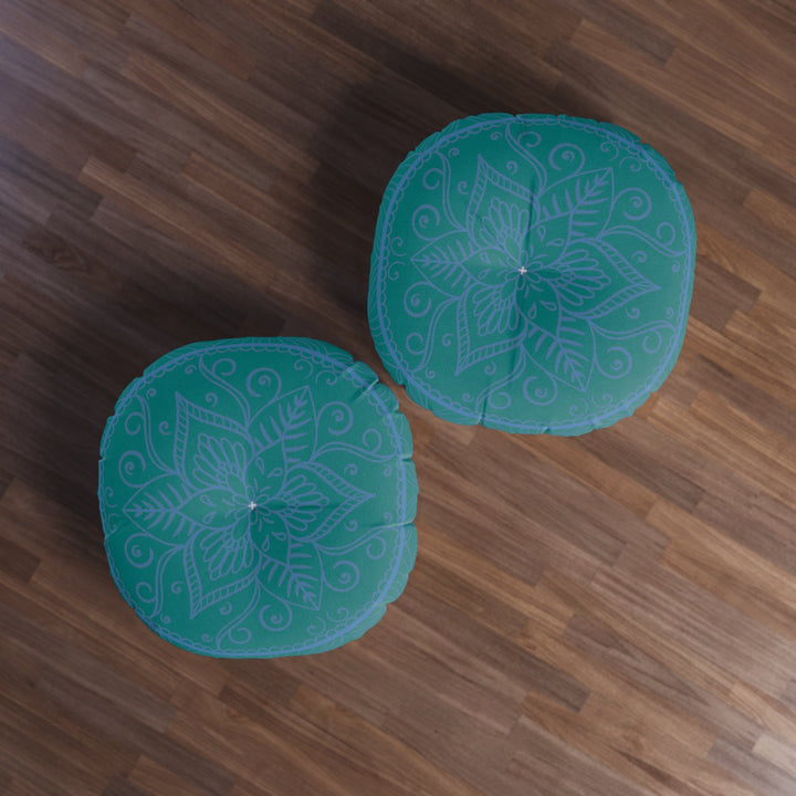 Floor Cushion Handmade Mandala Art - Steel Blue on Teal background - Drawn by Hand - Tufted Floor Pillow, Round - Blululi