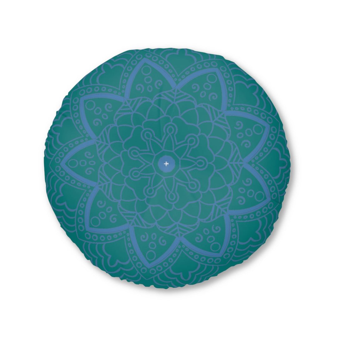 Floor Cushion Handmade Mandala Art - Steel Blue on Teal background - Drawn by Hand - Tufted Floor Pillow, Round - Blululi