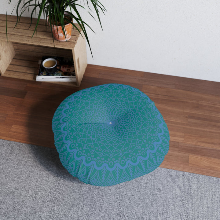 Floor Cushion Handmade Mandala Art - Steel Blue on Teal background - Drawn by Hand - Tufted Floor Pillow, Round - Blululi