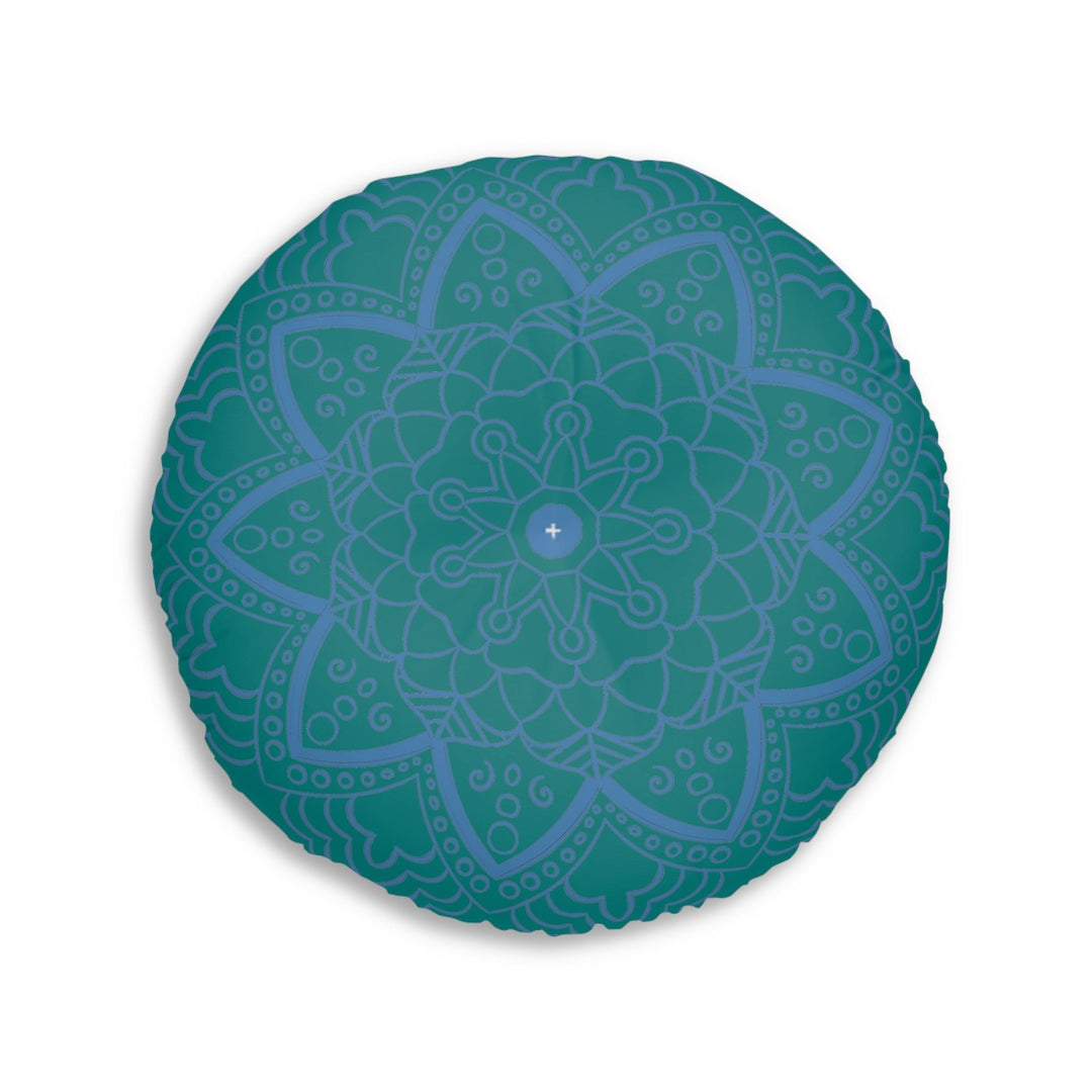 Floor Cushion Handmade Mandala Art - Steel Blue on Teal background - Drawn by Hand - Tufted Floor Pillow, Round - Blululi