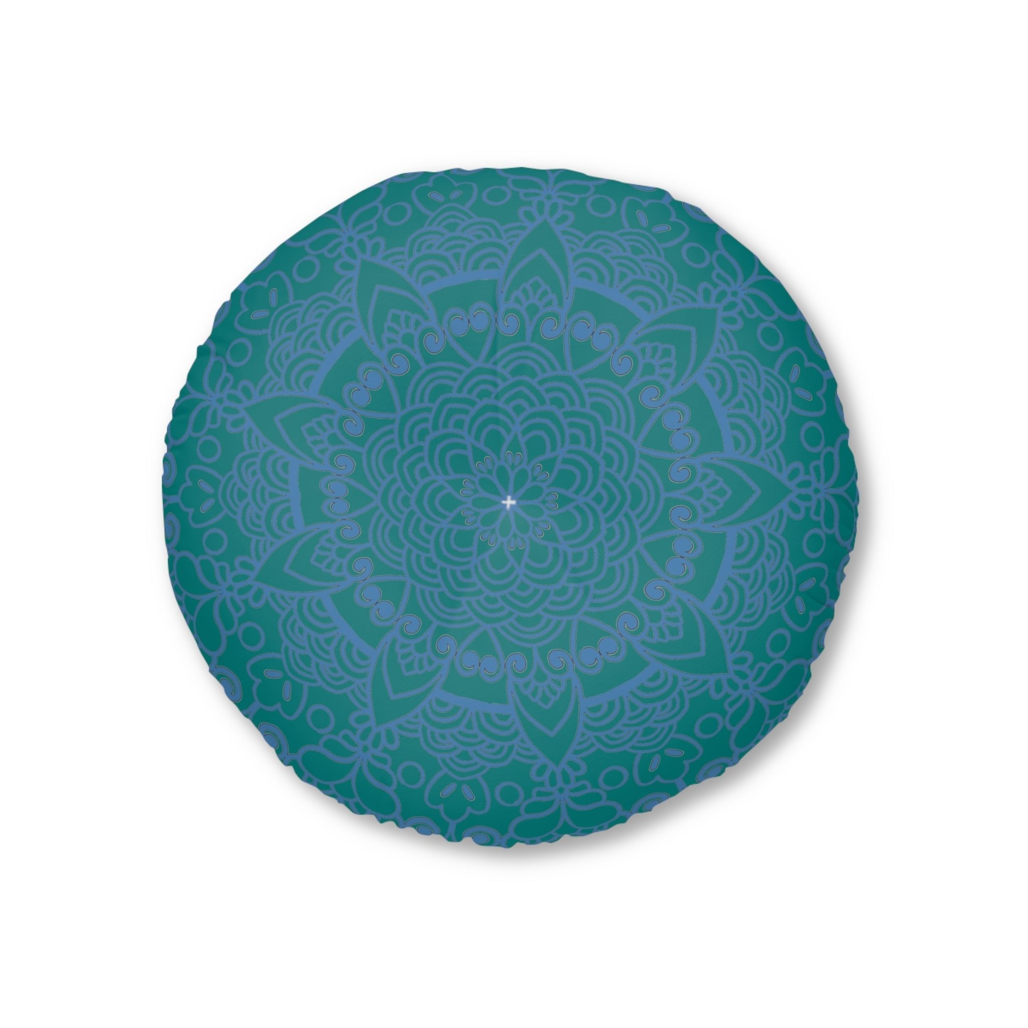 Floor Cushion Handmade Mandala Art - Steel Blue on Teal background - Drawn by Hand - Tufted Floor Pillow, Round - Blululi