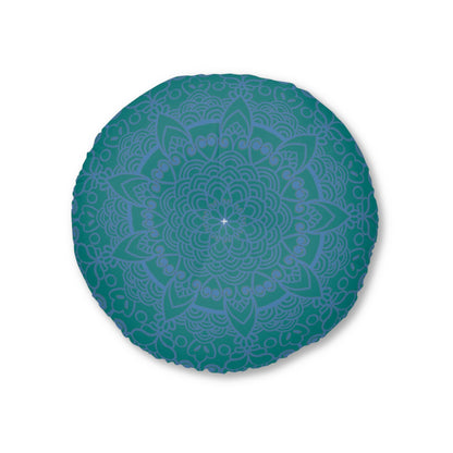 Floor Cushion Handmade Mandala Art - Steel Blue on Teal background - Drawn by Hand - Tufted Floor Pillow, Round - Blululi