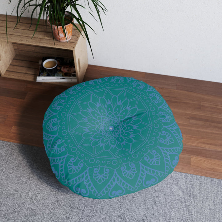 Floor Cushion Handmade Mandala Art - Steel Blue on Teal background - Drawn by Hand - Tufted Floor Pillow, Round - Blululi